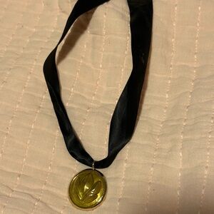 Gold Medallion Pendant Necklace on Black Ribbon Anna frozen necklace